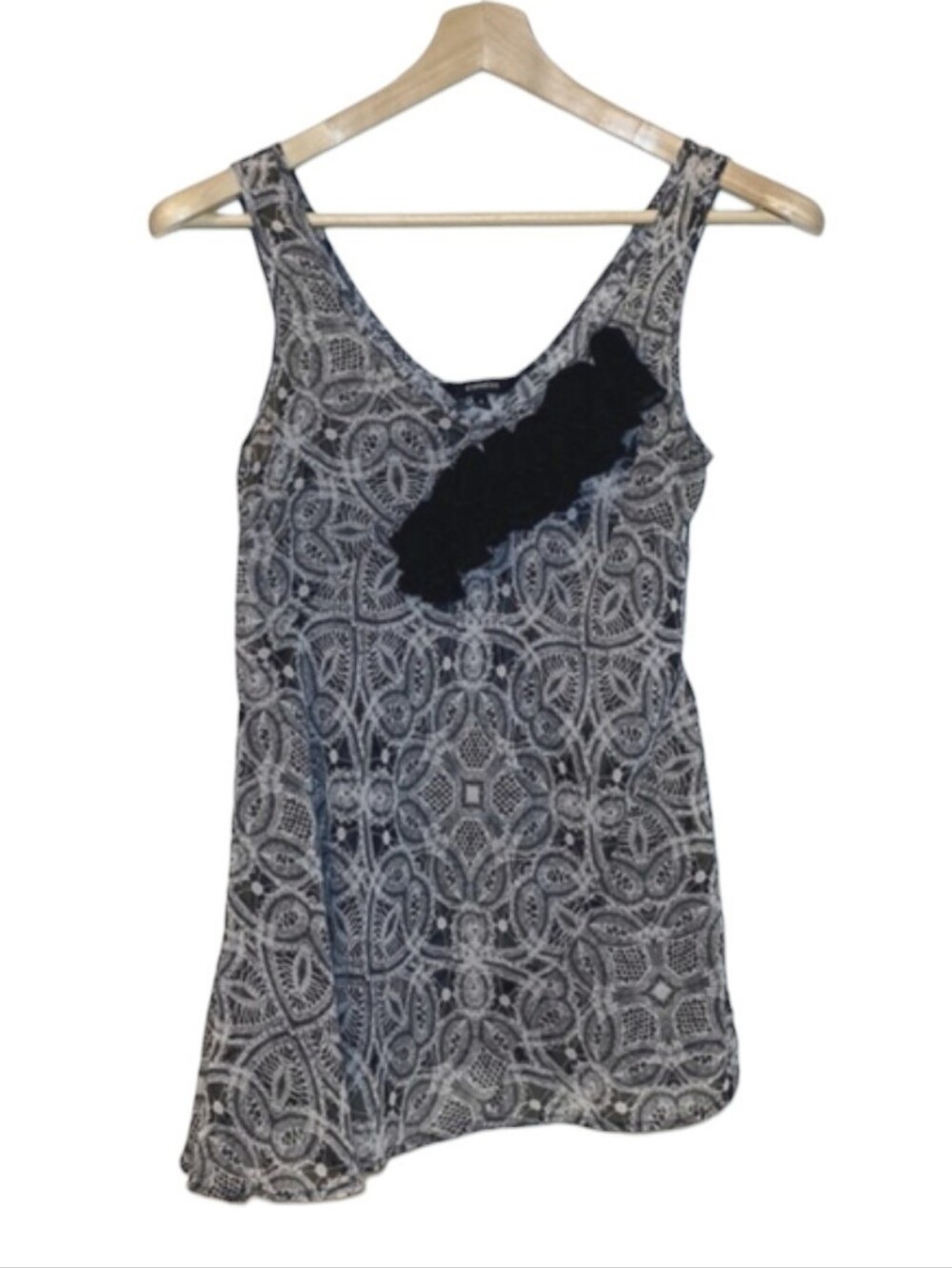 Express | Sheer Black & White Asymmetrical Tank w|ruffle Accents